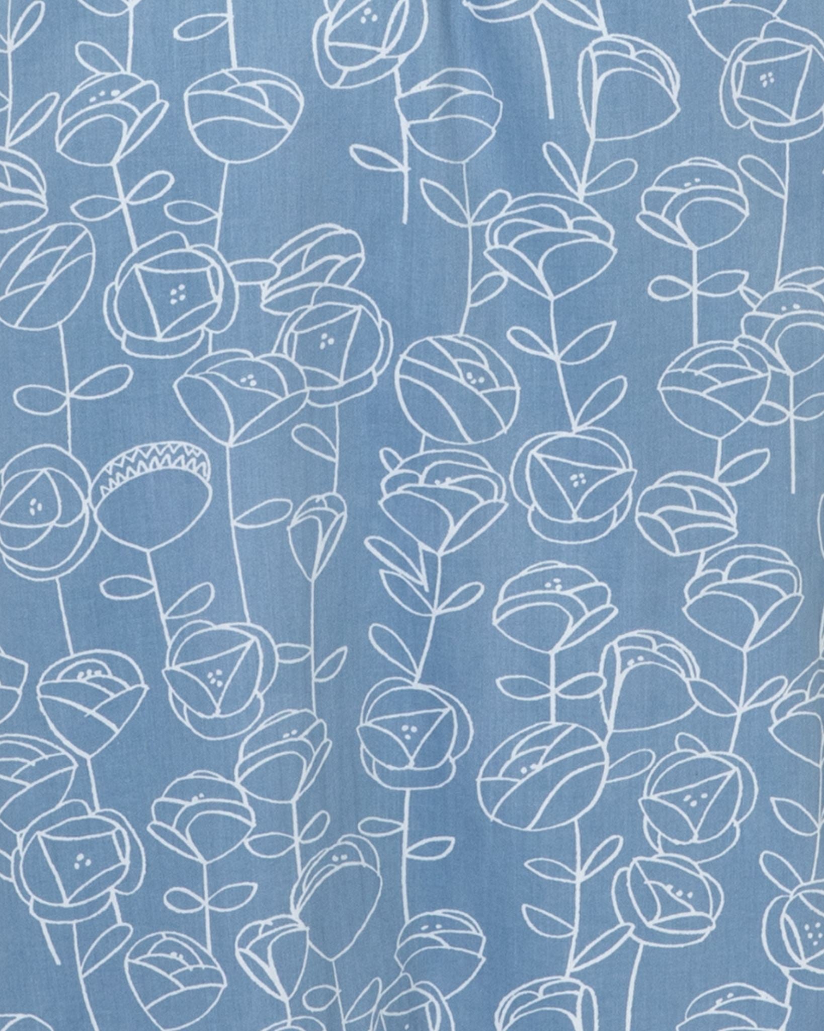 Fabric swatch of blue and white floral luxury organic cotton from Yawn.