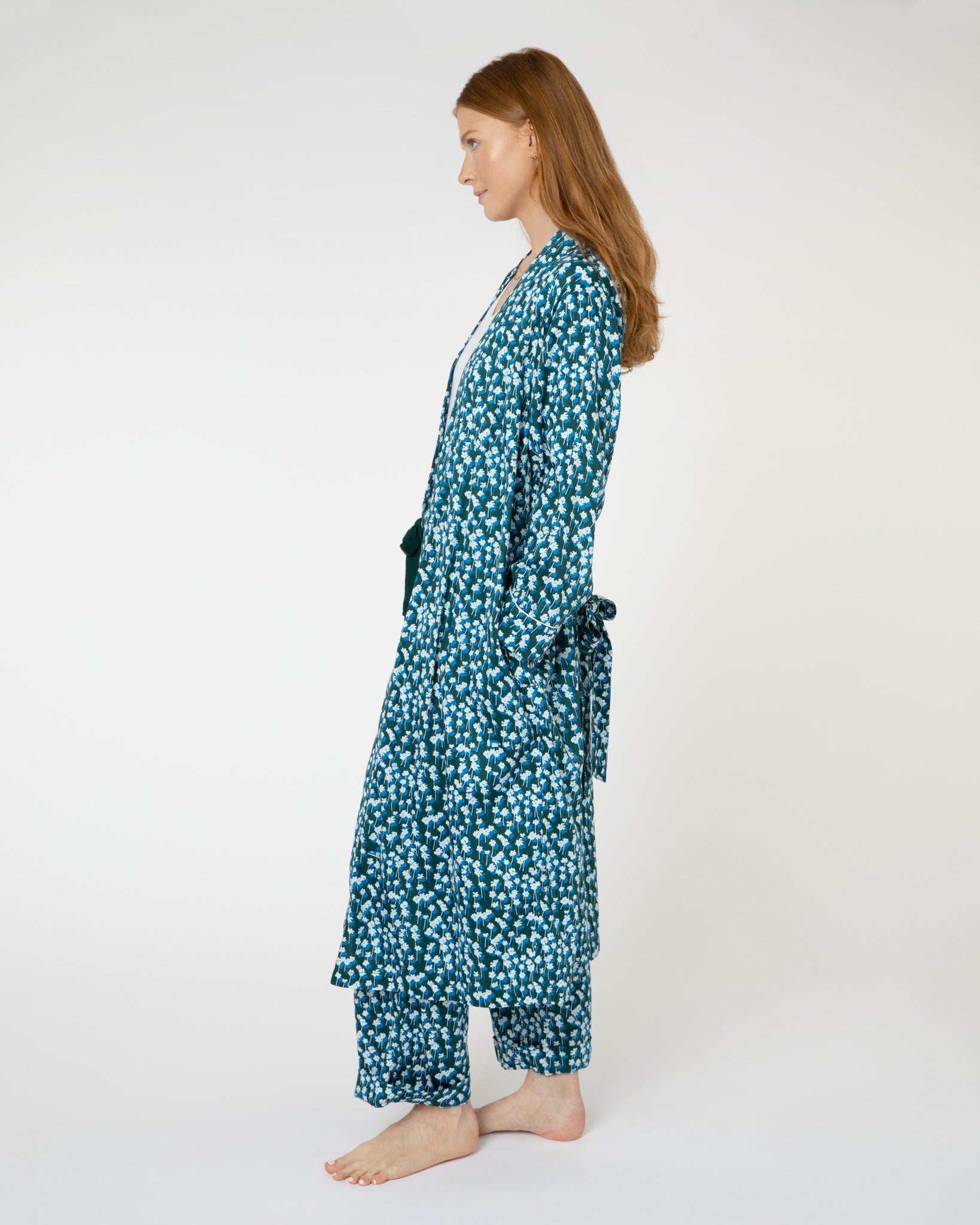 Green Organic Cotton Dressing Gown in Spray of Flowers Yawn