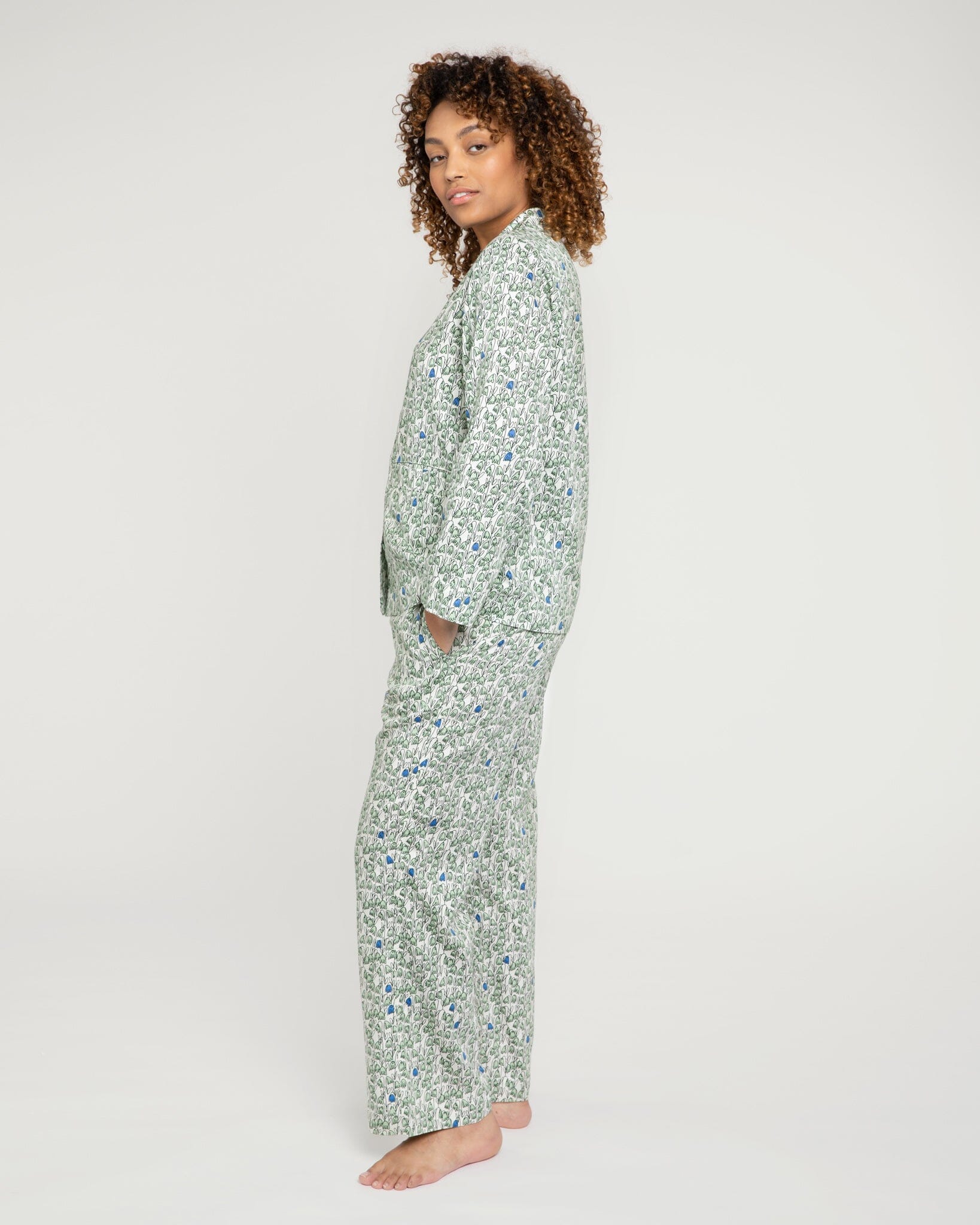Pixie print organic cotton pyjama set, green PJ Sets Yawn 