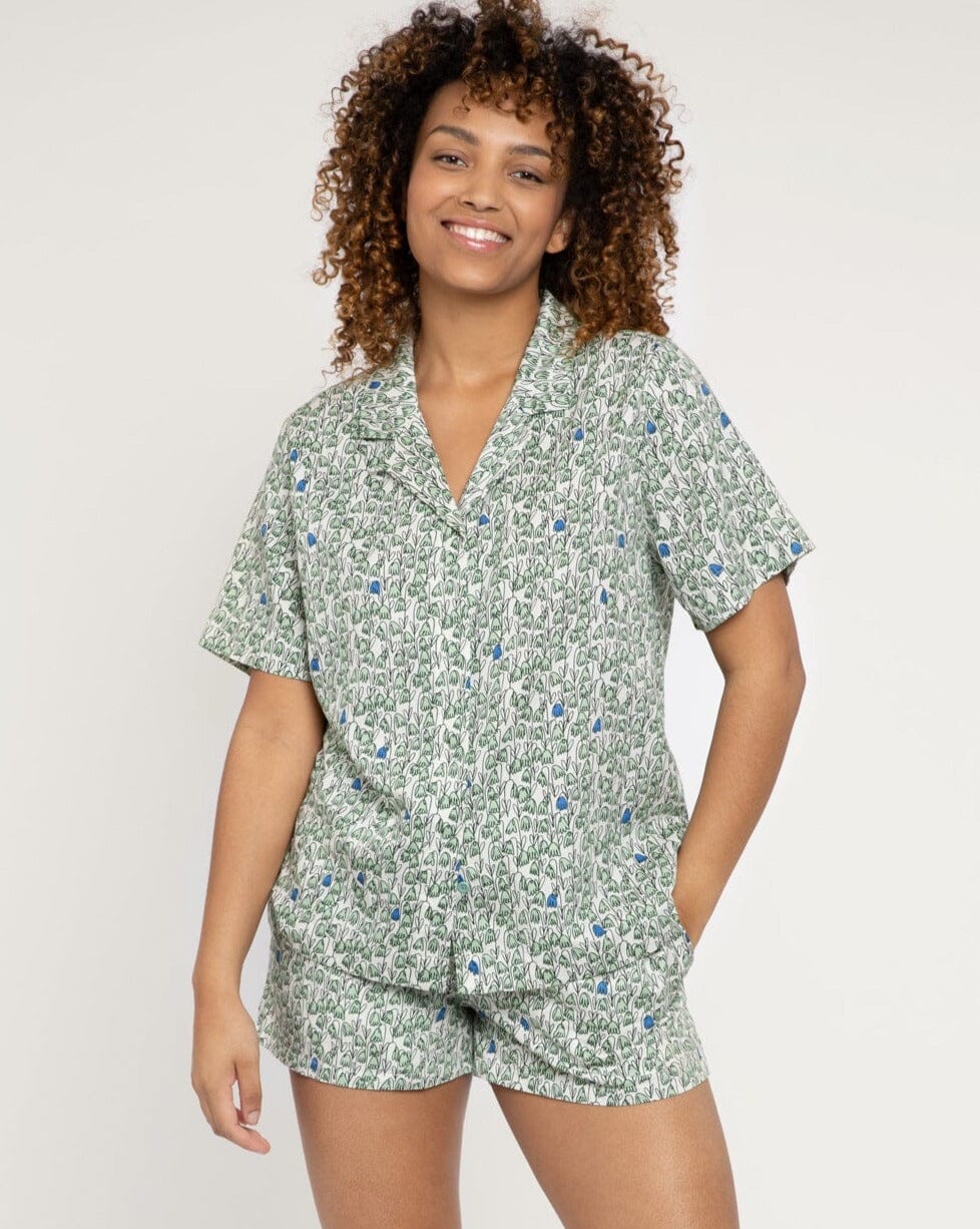 Pixie print organic cotton short pyjama set, green Shirt & Short Set Yawn 